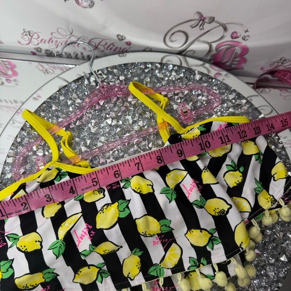 Betsy Johnson bikini top ruffle frilly Pom Pom trim Lemons π striped pink cute - Picture 12 of 12